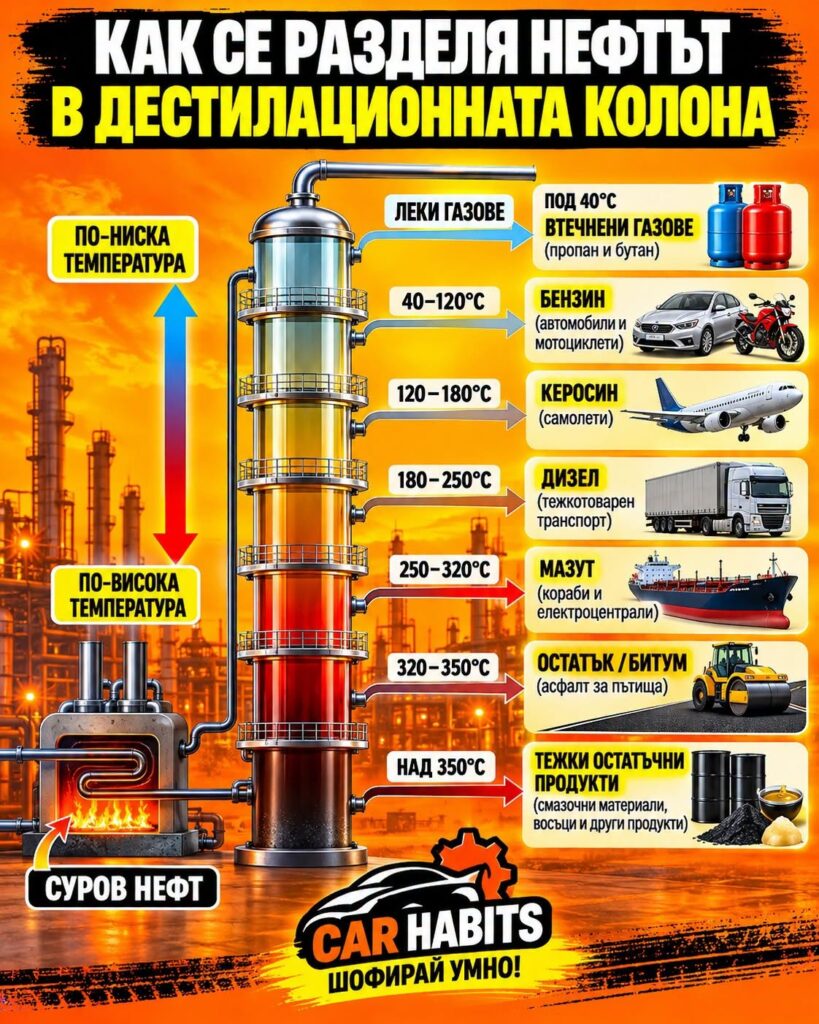 Инфографика: как се разделя суров нефт в дестилационната колона – газове, бензин, керосин, дизел, мазут, битум и тежки остатъци