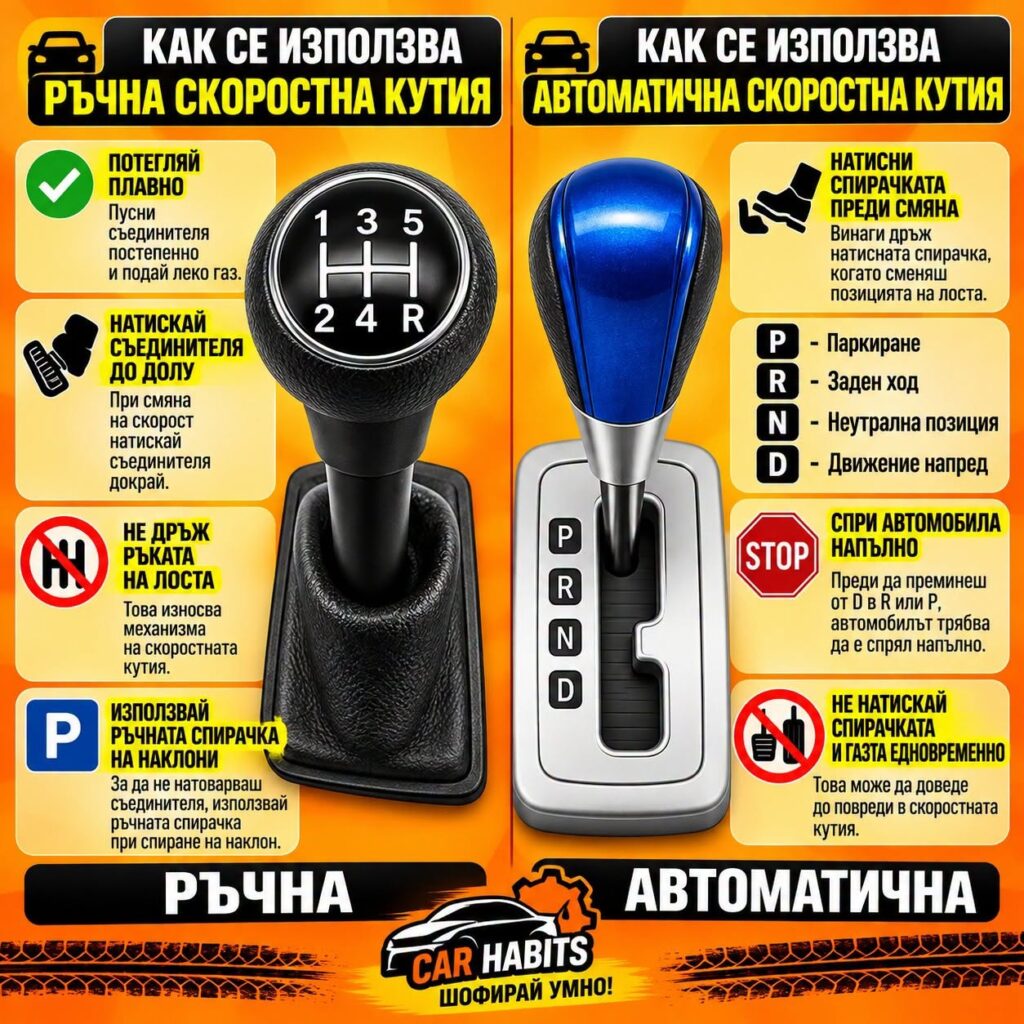 Инфографика: как се използва ръчна и автоматична скоростна кутия – съединител, ръчна спирачка, позиции P, R, N, D и спирачка