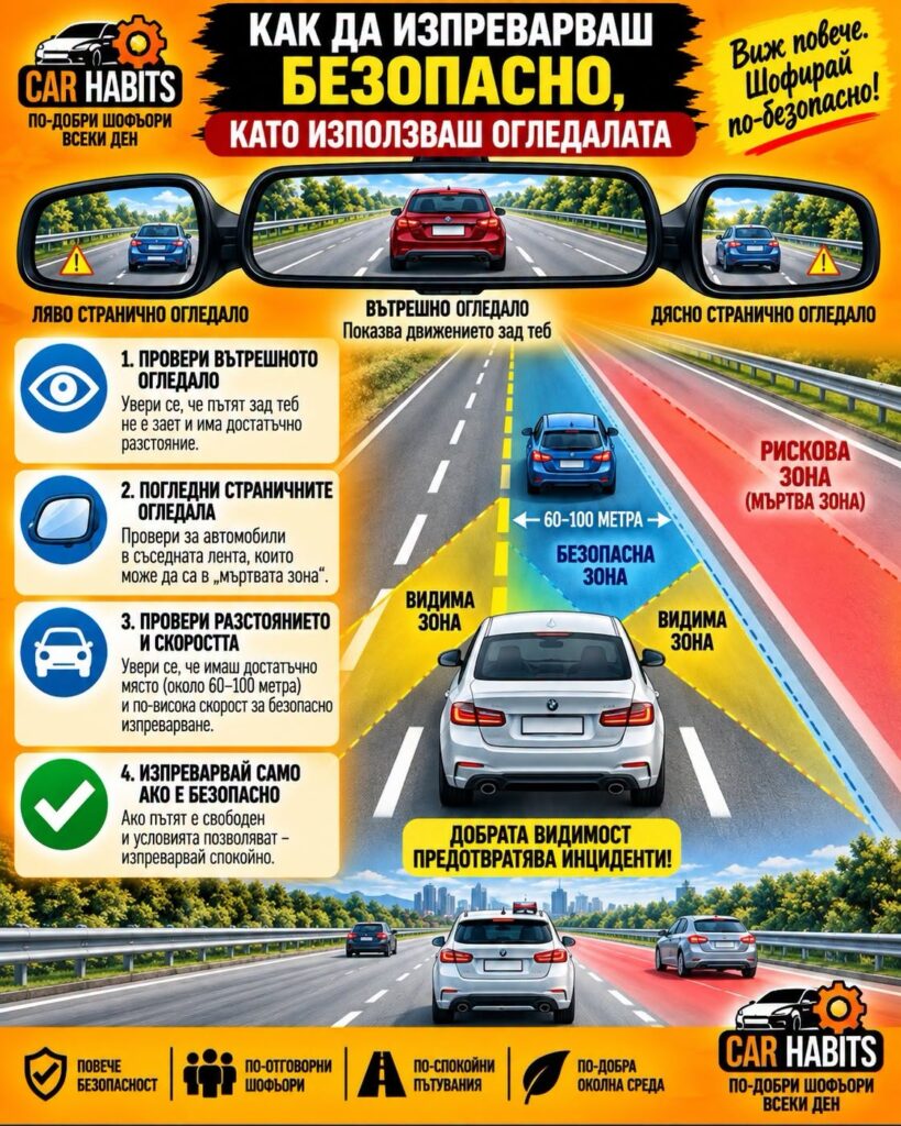 Инфографика: как да изпреварваш безопасно, като използваш огледалата – вътрешно и странични огледала, видими зони и мъртва зона