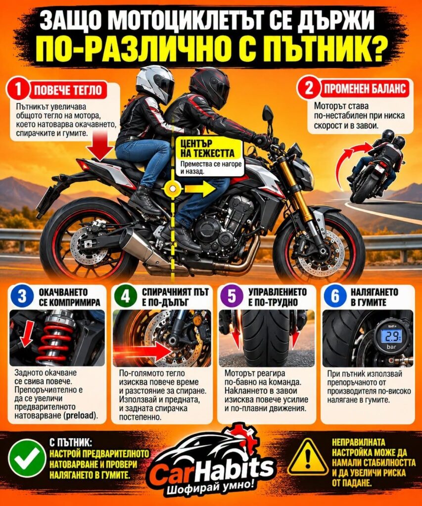 Инфографика: защо мотоциклетът се държи различно с пътник – тегло, баланс, център на тежестта, окачване, спиране и гуми