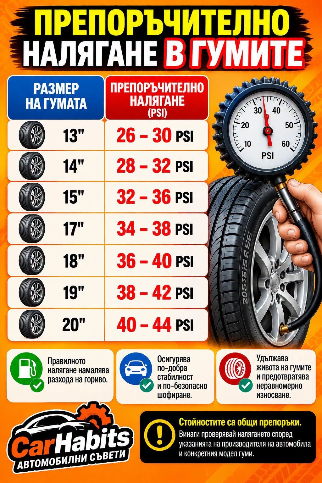 Инфографика: препоръчително налягане в гумите в PSI според размера на гумата от 13 до 20 инча