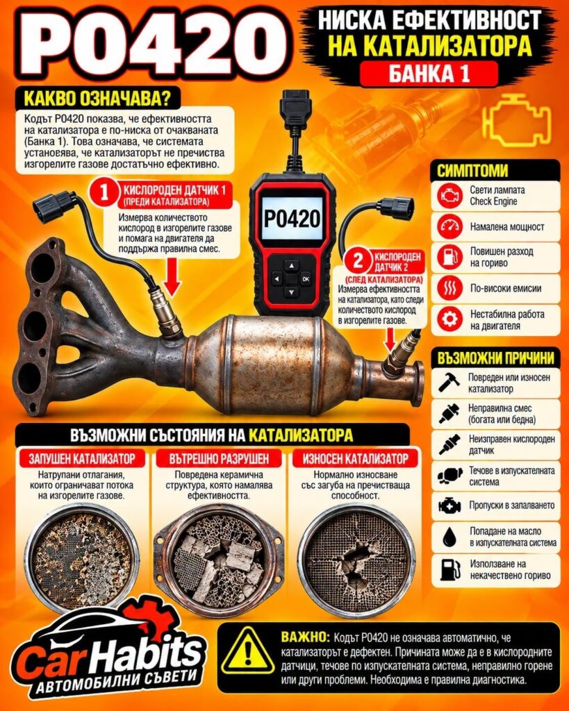 Инфографика: код P0420 – ниска ефективност на катализатора банка 1, кислородни датчици, симптоми и възможни причини