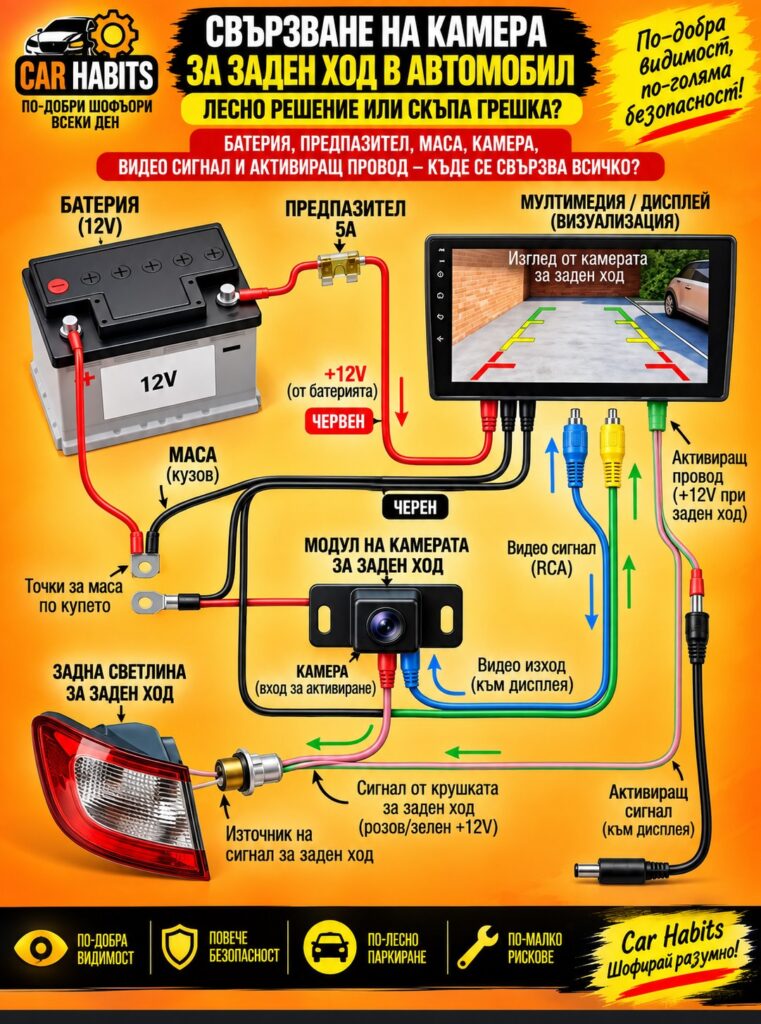 Инфографика: свързване на камера за заден ход – акумулатор 12V, предпазител, маса, модул на камерата, видео сигнал RCA, задна светлина и дисплей