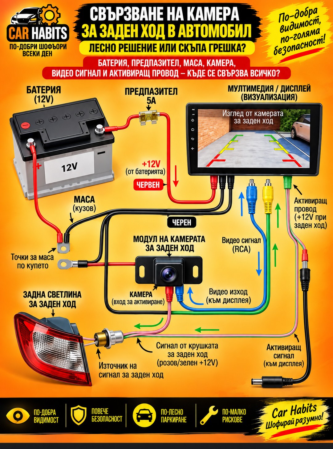 Инфографика: свързване на камера за заден ход – акумулатор 12V, предпазител, маса, модул на камерата, видео сигнал RCA, задна светлина и дисплей