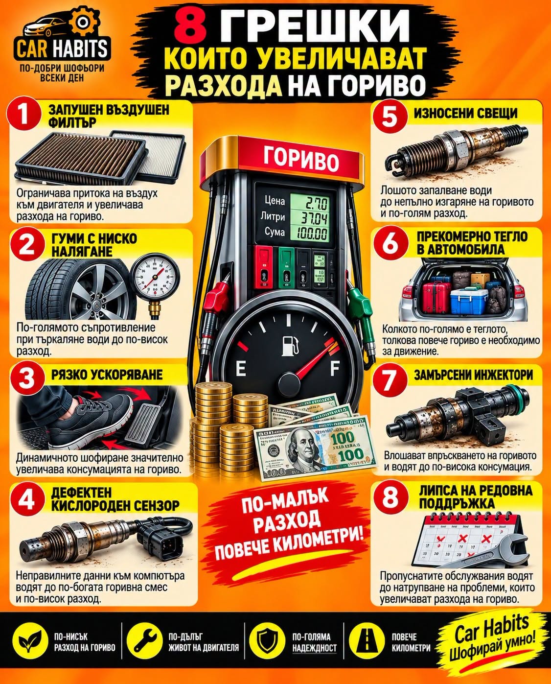 Инфографика: 8 грешки, които увеличават разхода на гориво – въздушен филтър, ниско налягане в гумите, рязко ускоряване, кислороден сензор, свещи, тегло, инжектори, поддръжка