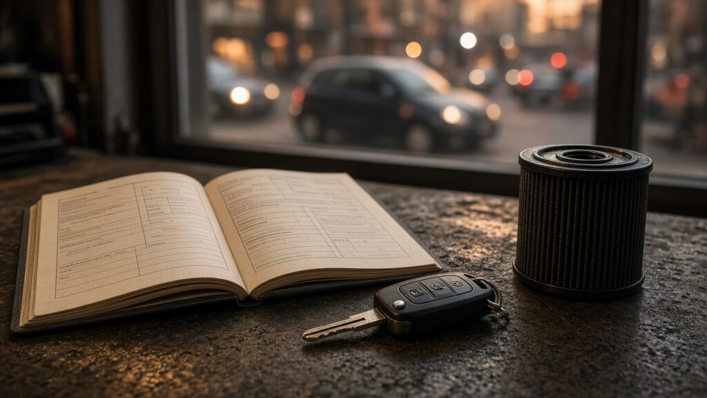 Сервизна книжка, ключ и маслен филтър на работна маса