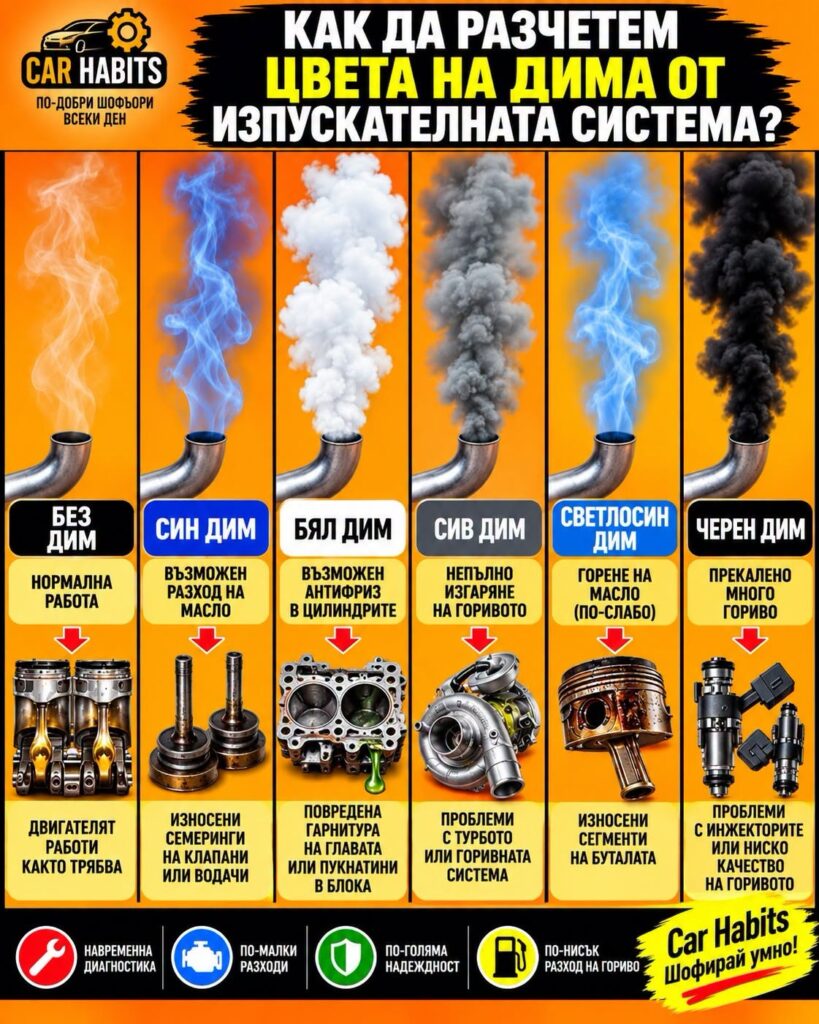 Инфографика: как да разчетем цвета на дима от изпускателната система – без дим, син, бял, сив, светлосин и черен дим и възможните причини